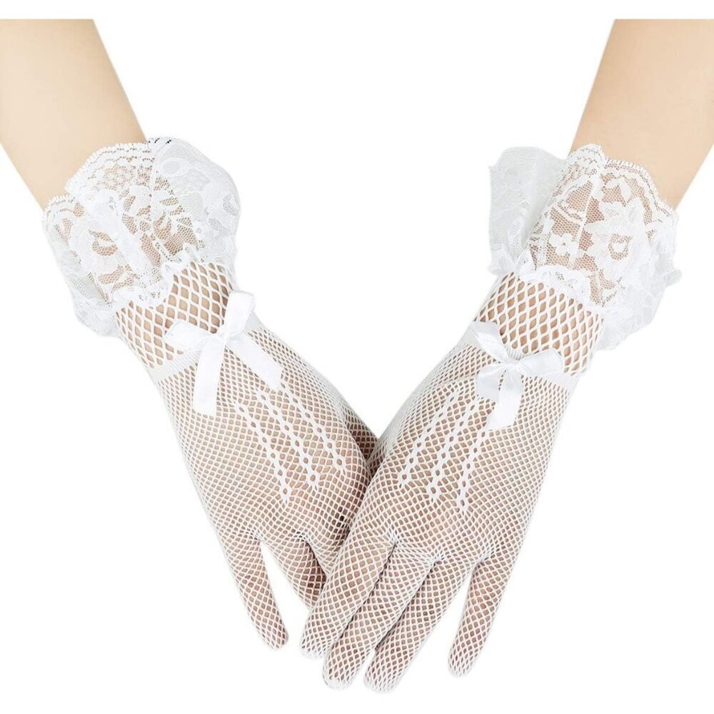 Women's B-White Bow Lace Elegant Wrist Gloves Ruffle Bridal Wedding Party Prom